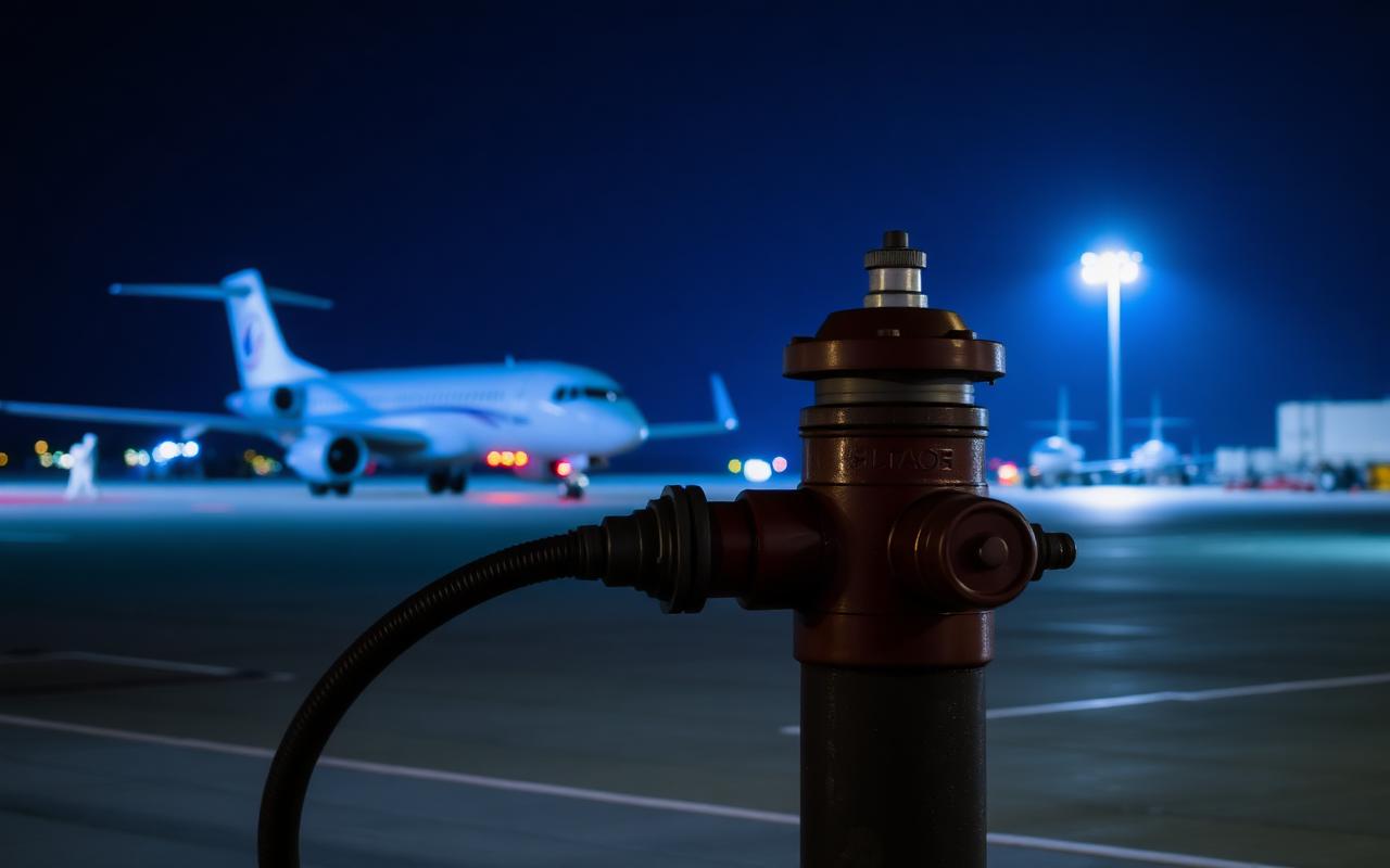 Aviation fuel hydrant on tarmac at night